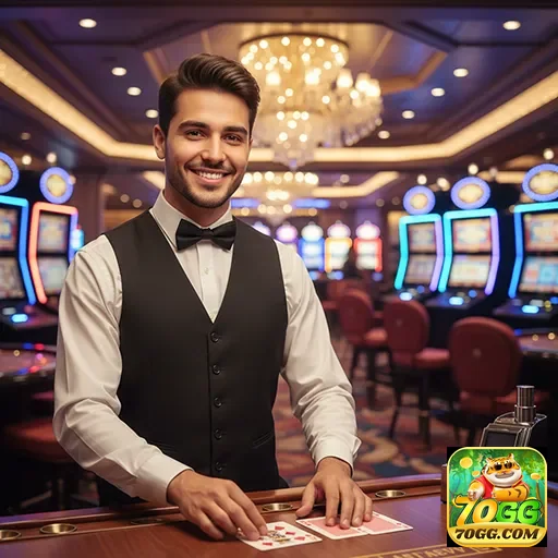 Croupier sorridente em cassino, representando 70gg.