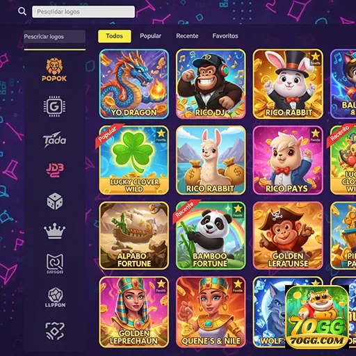 Tela do aplicativo 70gg com jogos de cassino disponíveis.