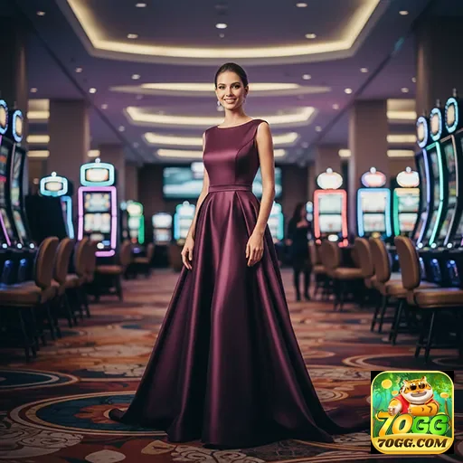 Modelo posando em cassino da 70gg com máquinas de slot.