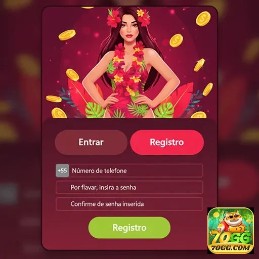 Tela do aplicativo 70gg com registro para jogos de cassino.