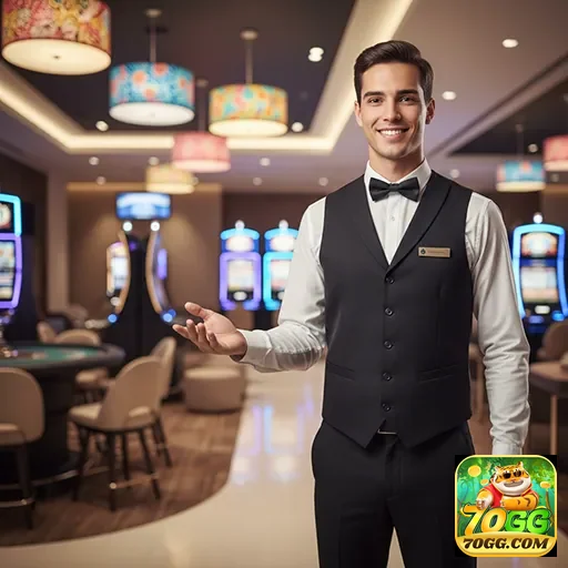 Funcionário do 70gg em ambiente de cassino elegante.