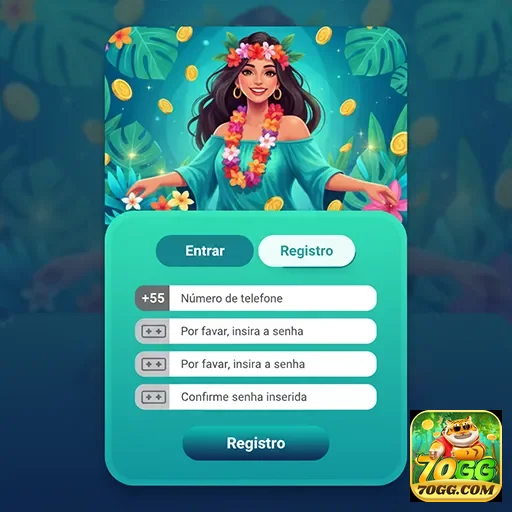 70gg exibe interface de registro com uma mulher em destaque.