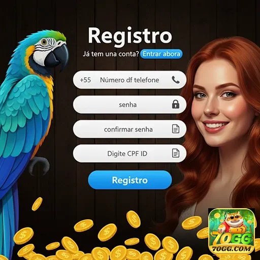 Tela de registro da 70gg com parrot e usuário sorridente.