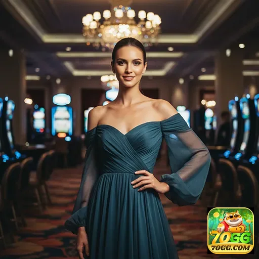 Visitante elegante em cassino da 70gg aproveitando slots.
