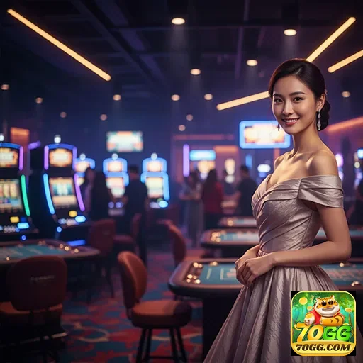 Jogadora em cassino com jogos de slot na 70gg.