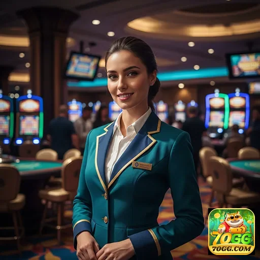 Funcionária da 70gg em cassino com slots ao fundo.