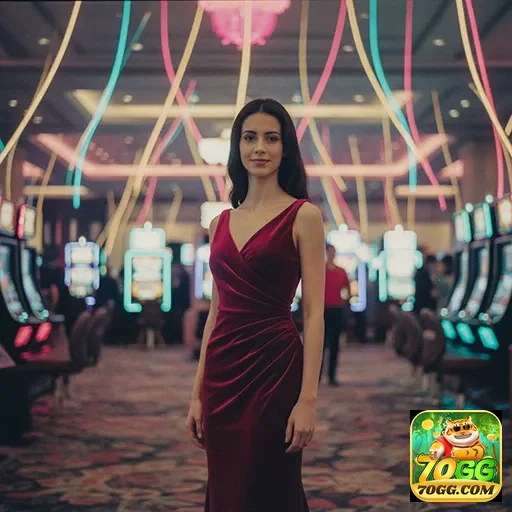Jogadora em vestido elegante no ambiente do 70gg.