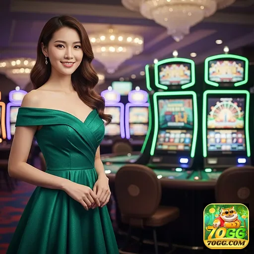 Jogadora em frente a máquinas de slots no 70gg.