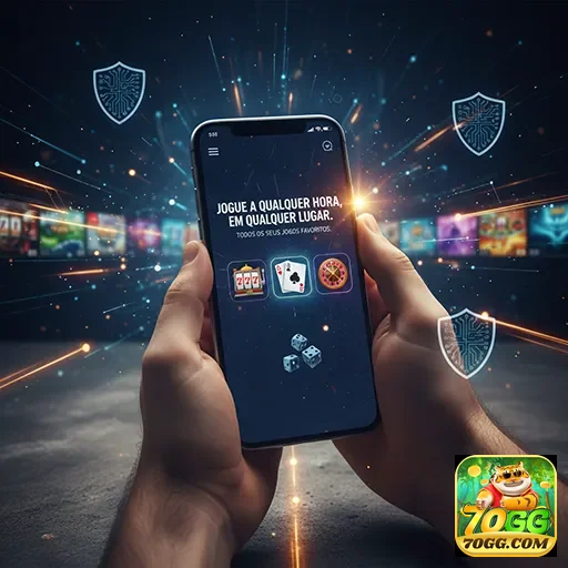 Mãos segurando smartphone com jogos do 70gg visíveis.