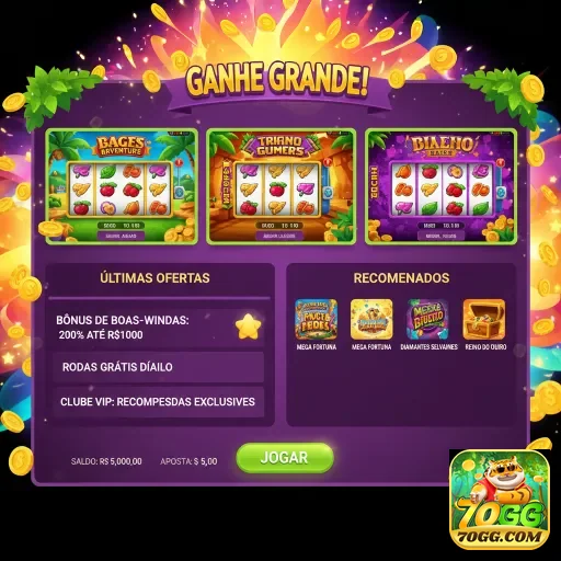 Tela do 70gg com promoções de slots e bônus em destaque.
