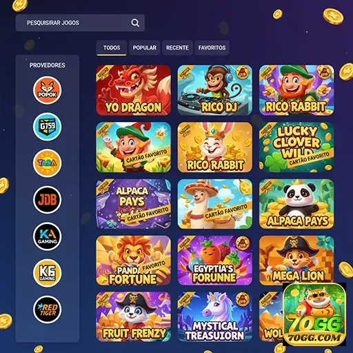 Interface do site 70gg mostrando slots populares disponíveis.
