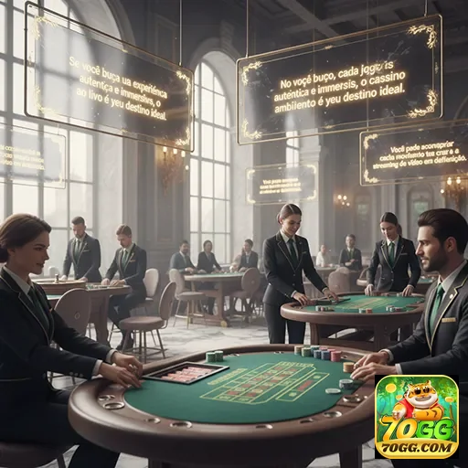 Ambiente elegante de cassino no site 70gg, com jogadores e mesas.
