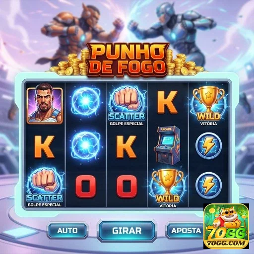 Slot 'Punho de Fogo' do 70gg com símbolos de vitória.
