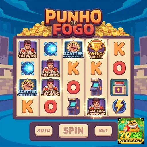Jogo de slots 'Punho de Fogo' no 70gg com símbolos especiais.