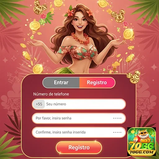 Tela de registro do 70gg com assistente virtual e campos de login.