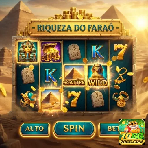 Tela de slot 'Riqueza do Faraó' no site 70gg.