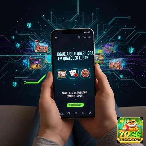 Jogador usando o site 70gg em um smartphone para jogos.