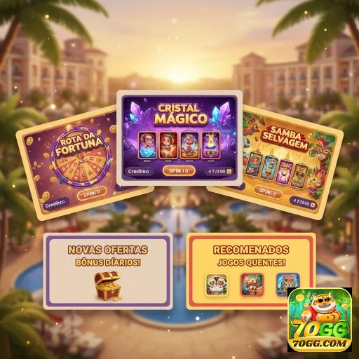 Interface de slots do 70gg com jogos populares e bônus.
