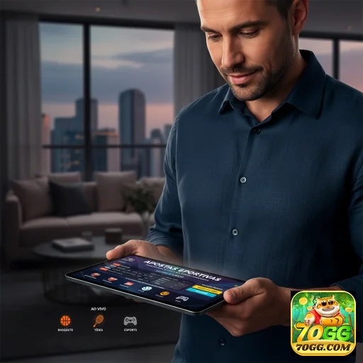 Jogador VIP com tablet acessando a plataforma 70gg.