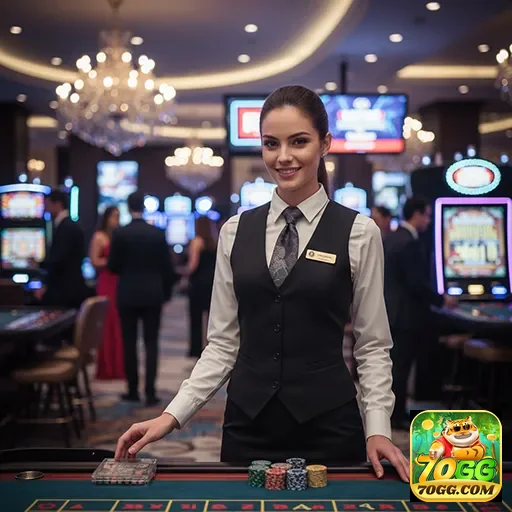 Atendente de cassino ao lado de mesas de jogo no 70gg.