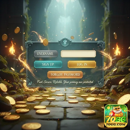 Interface de login da plataforma 70gg com moedas ao fundo.