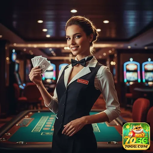 Profissional de cassino mostra cartas com 70gg com segurança.